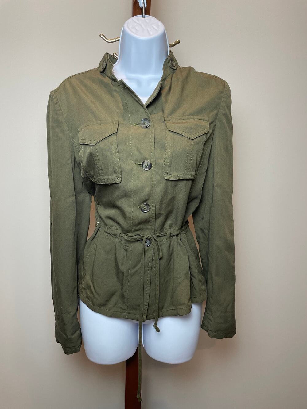 White House Black Market Womens Olive Green Cargo Jacket Size 2 Drawstring Waist